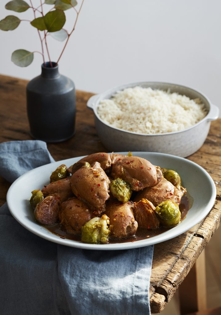 Hauts de cuisse de poulet braisés à la sauce soya & au sirop d’érable