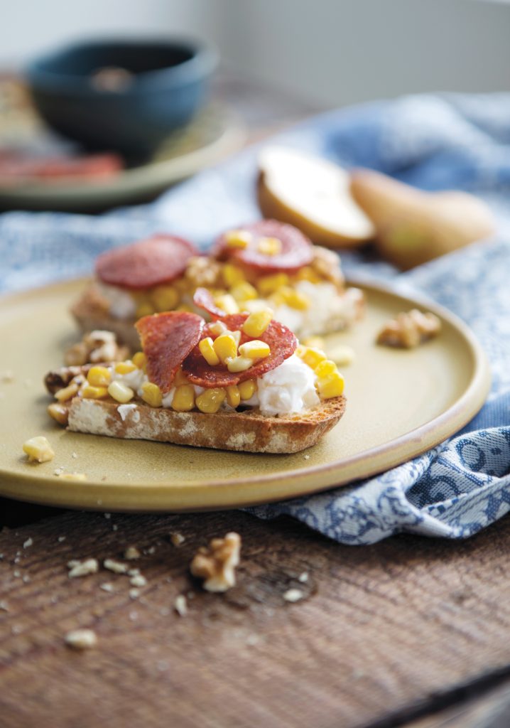 Fresh cheese spread with corn, pear & chorizo