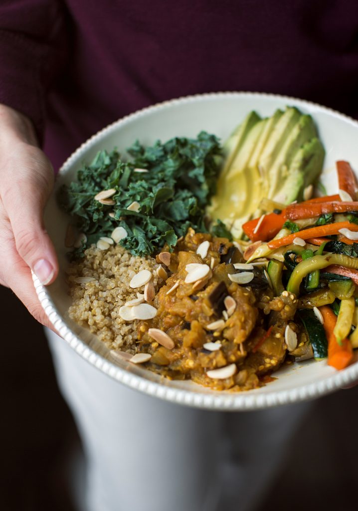 Quinoa bowl with eggplant compote & honey vegetables