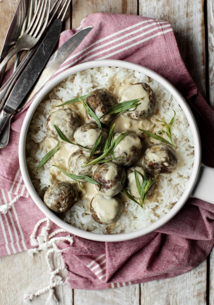 Mushroom, chickpea balls & creamy mustard sauce