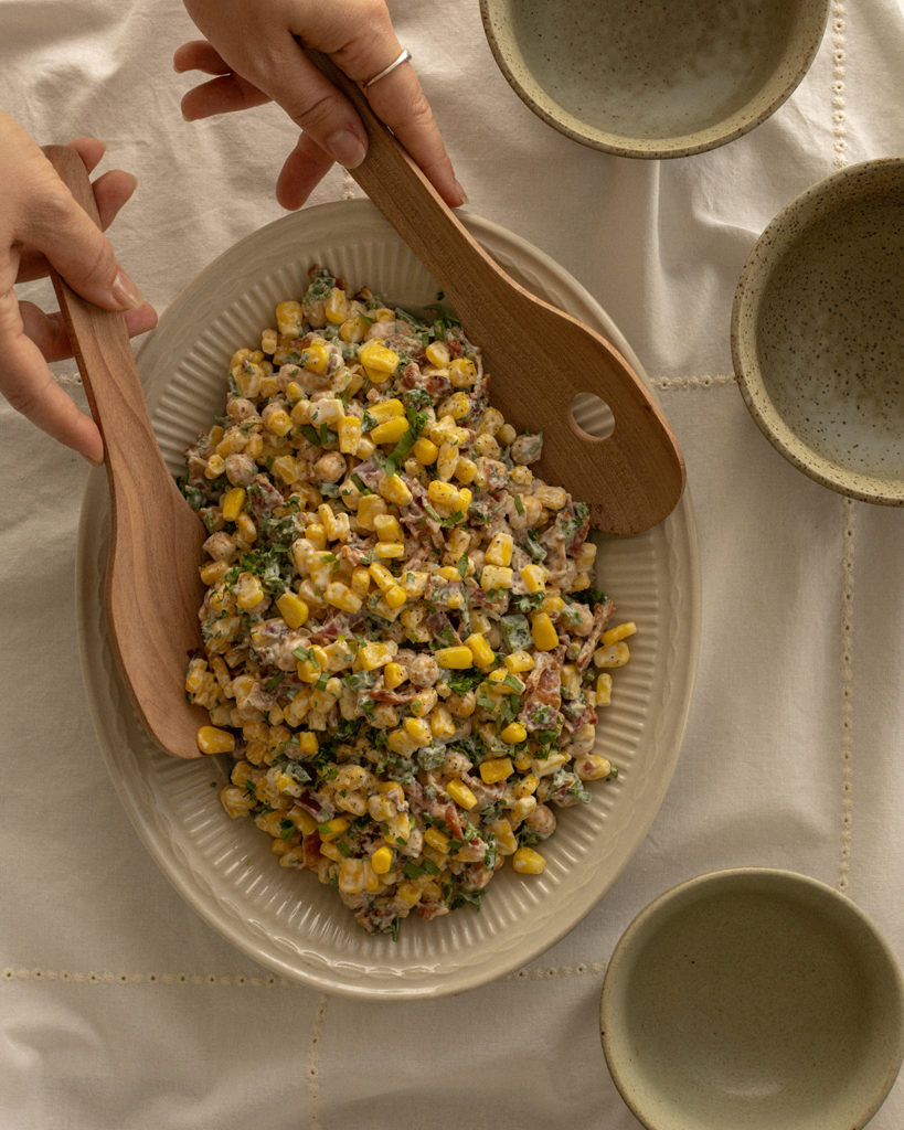 Creamy corn salad with chickpeas, bacon and tarragon