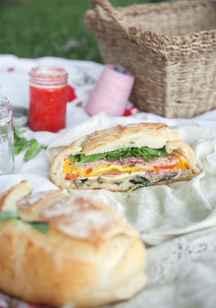 Grilled vegetable & deli meat muffaletta for two