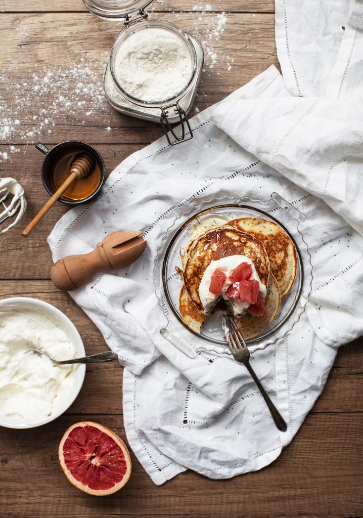 Grapefruit, poppy seed pancakes with honey whipped cream