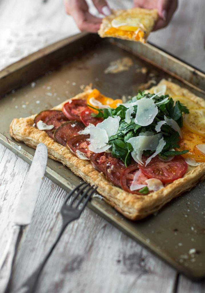 TOMATO TART WITH HERB SALAD & PARMESAN SHAVINGS