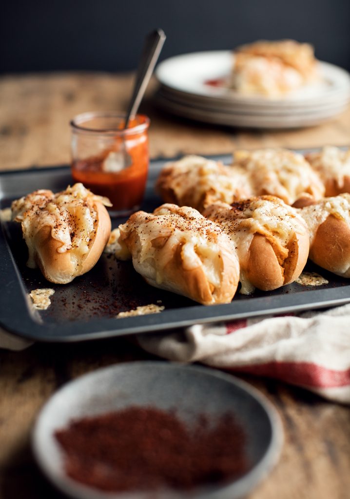 Caramelized onions & cheesy chickpea hot-dogs