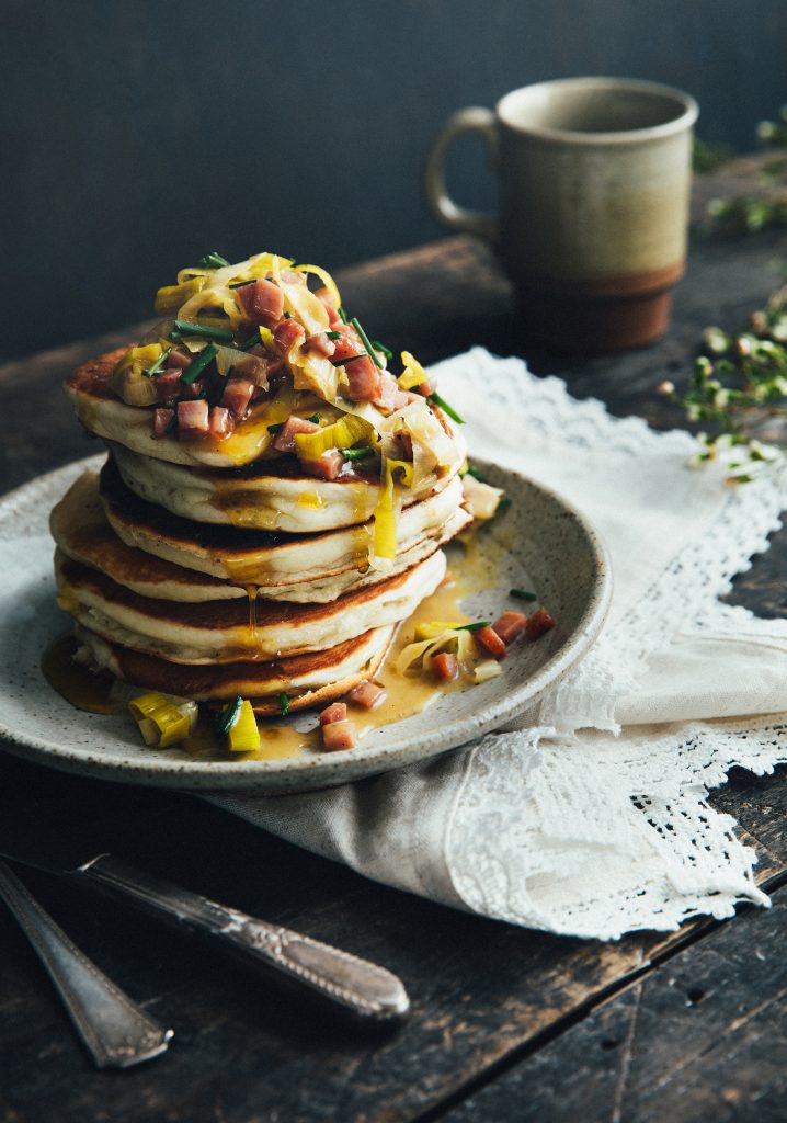 Tofu packed pancakes with Leek, ham and maple syrup toppings