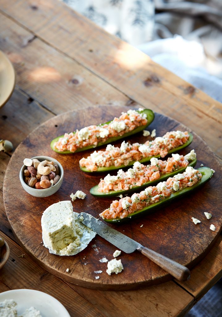 Boursin & salmon tartare stuffed cucumbers