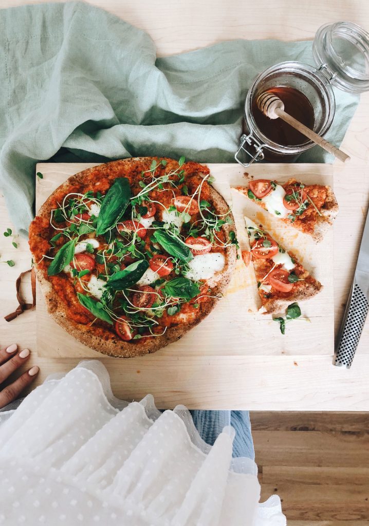 Pitas pizza topped with Chorizo & bell peppers