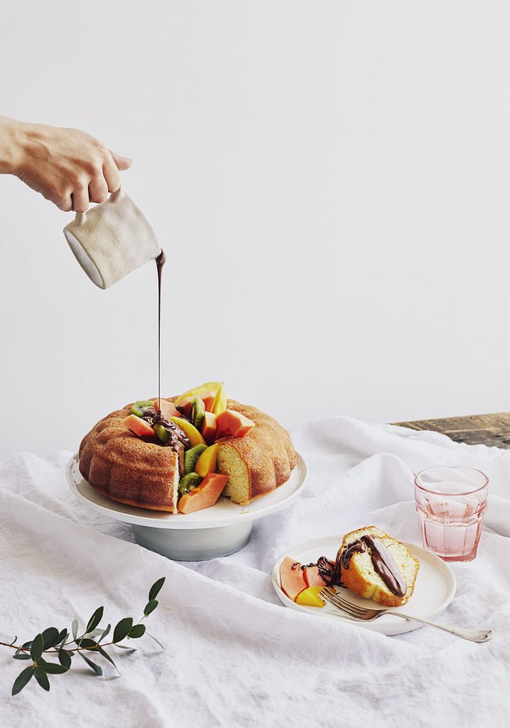 Exotic chocolate fondue, served in a Bundt cake