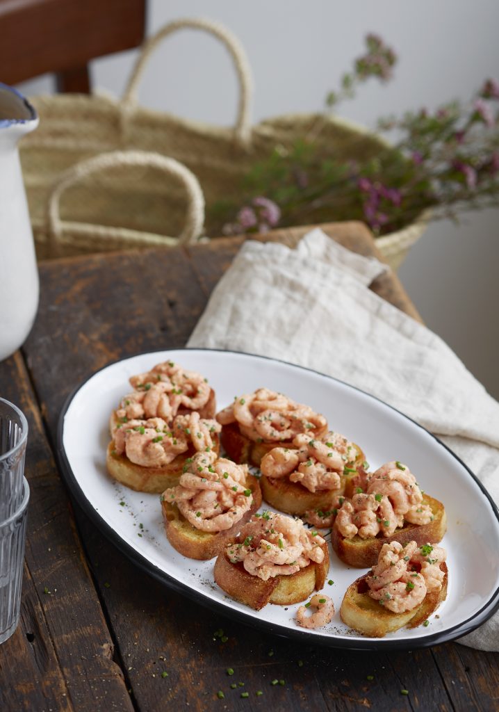 Northern shrimp croutons with cream cheese & lime