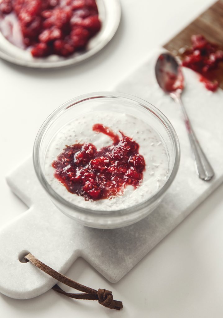 Coconut chia pudding with yogurt & balsamic raspberry compote