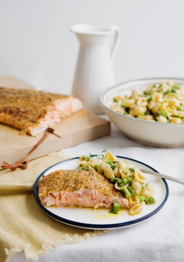 Mediterranean grilled salmon with an almond butter shell salad